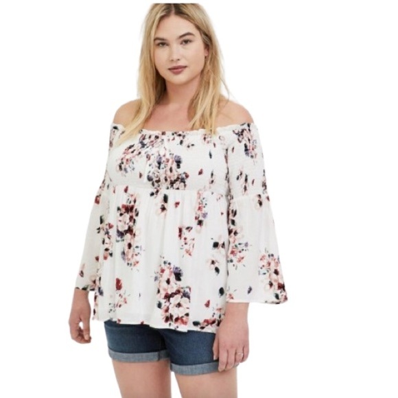 Women's Plus 2 Torrid Modal Lace-Up Smocked Off-Shoulder White Top Floral - Picture 1 of 11